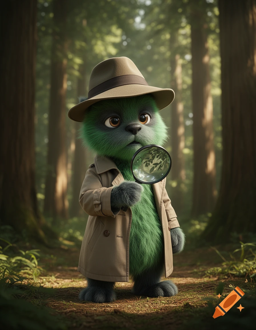 A cute green furry detective creature in a trench coat and fedora, holding a magnifying glass in a forest.