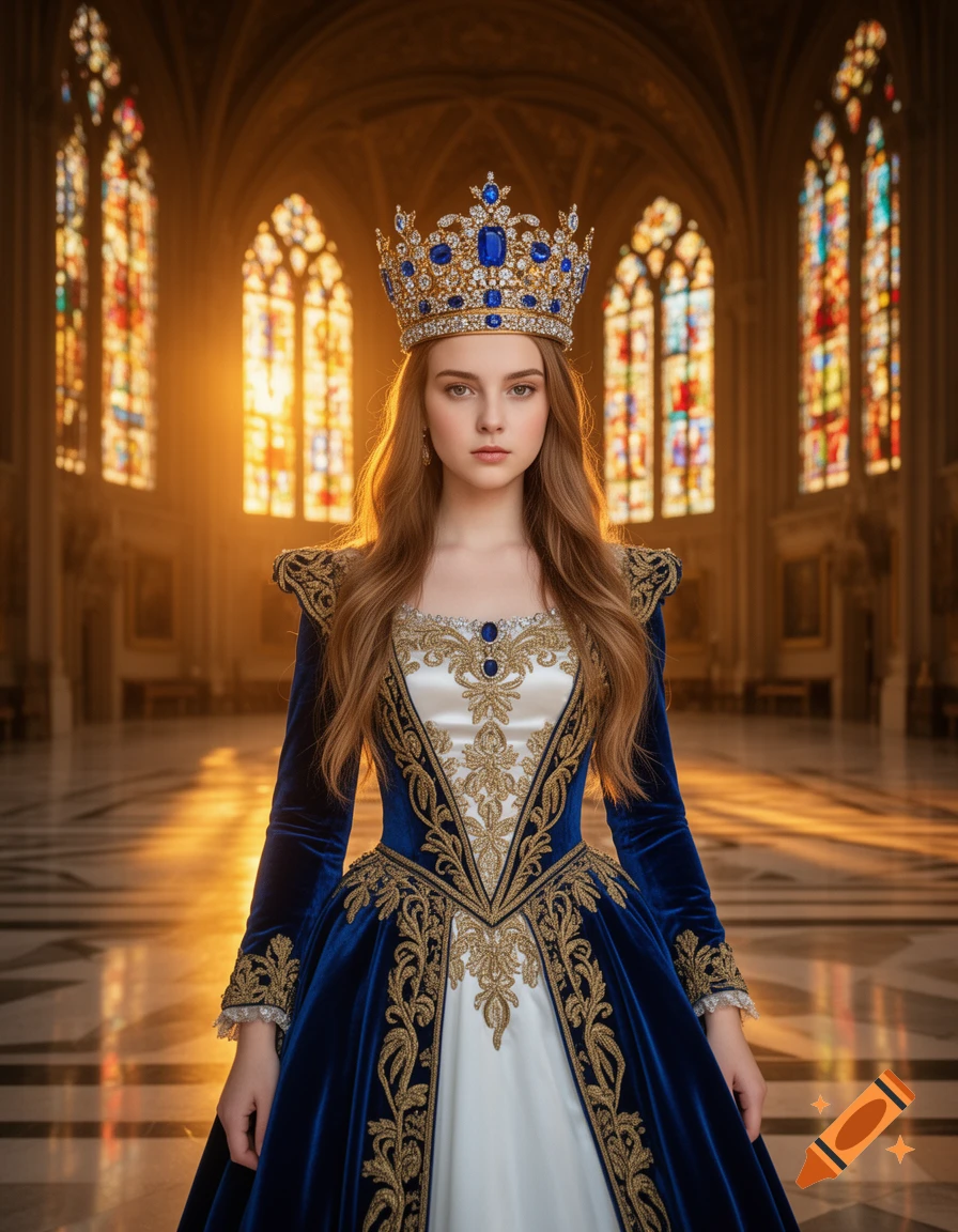 A photorealistic portrait of a majestic young queen in a blue and gold velvet gown and crown, standing in a grand palace with stained glass windows at golden hour.