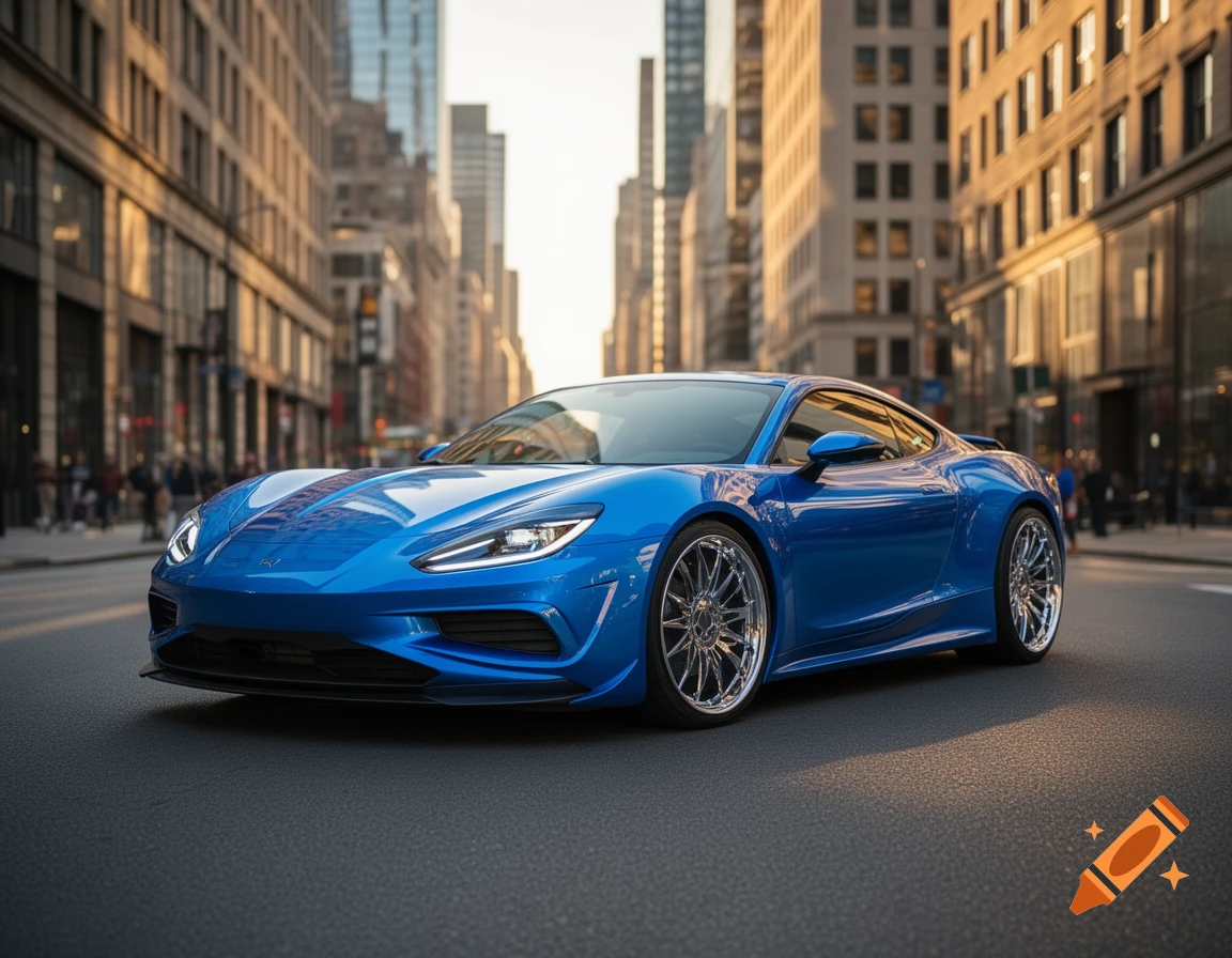 A shiny blue sports car parked on a city street, with tall buildings in the background under sunlight.