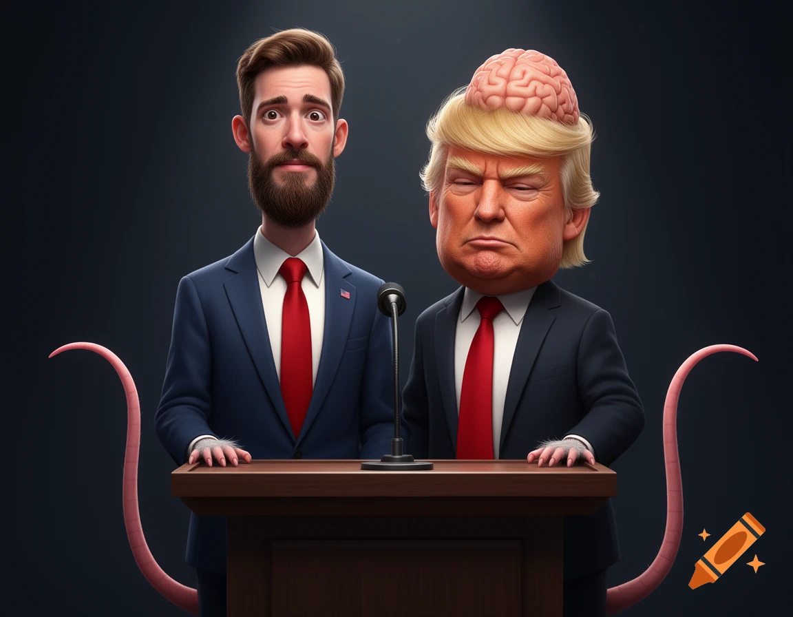 3D digital illustration of two anthropomorphic rats, caricatures of JD Vance and Donald Trump, at a podium.