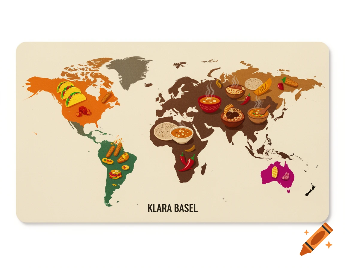 An illustrated world map with food items, like tacos, soups, and peppers, placed on their respective continents. 'KLARA BASEL' is at the bottom.