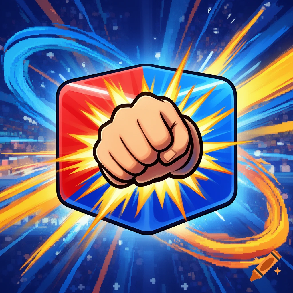 A cartoon fist punches forward from a red and blue hexagonal emblem, surrounded by dynamic speed lines on a pixelated blue background.