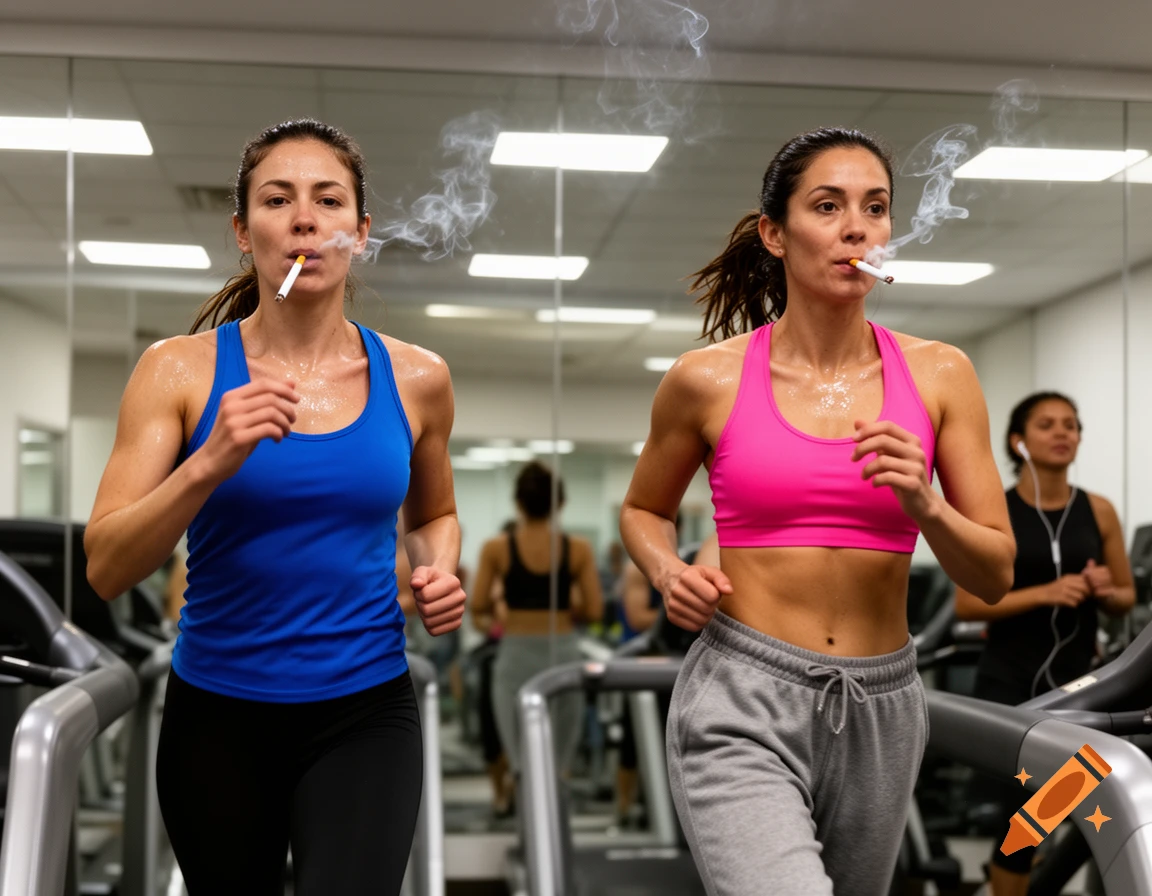 Two sweaty women run on treadmills in a gym while smoking cigarettes and exhaling smoke.
