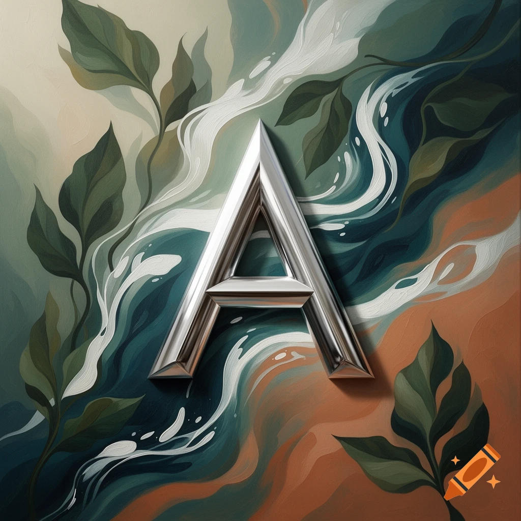 A prominent silver metallic letter A on an abstract background of swirling green leaves and white and orange-brown paint.