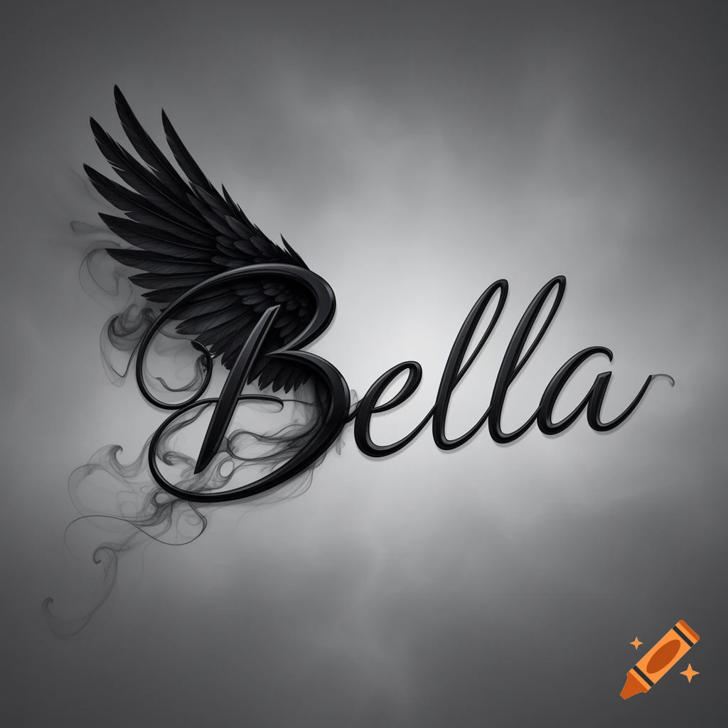 Stylized black and gray text spells 'Bella' with a crow wing forming part of the 'B' and smoke trails.