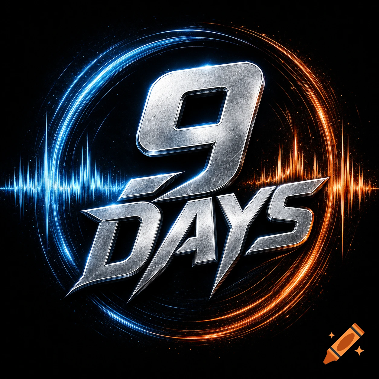 Metallic '9 DAYS' logo with blue and orange energy rings and sound waves on a dark background.