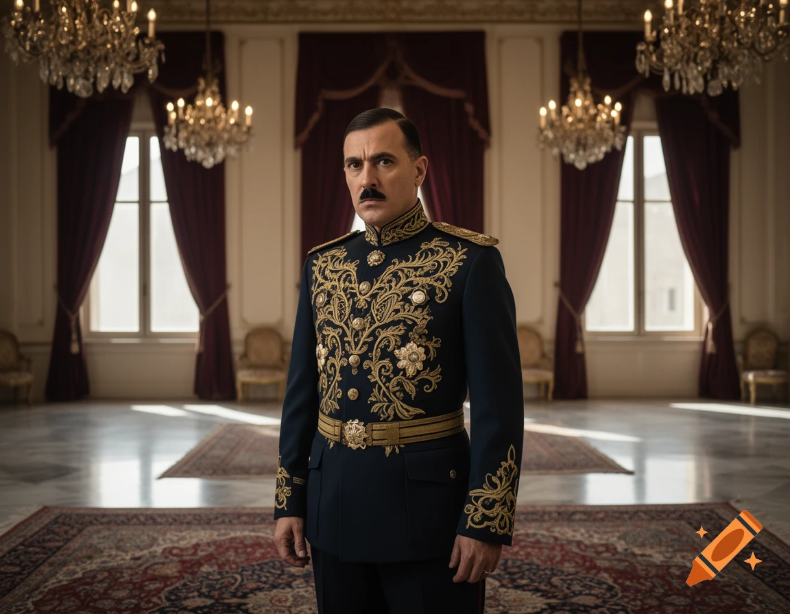 A man with a mustache in an ornate blue and gold military uniform stands in a grand, chandelier-lit room with red rugs and drapes.