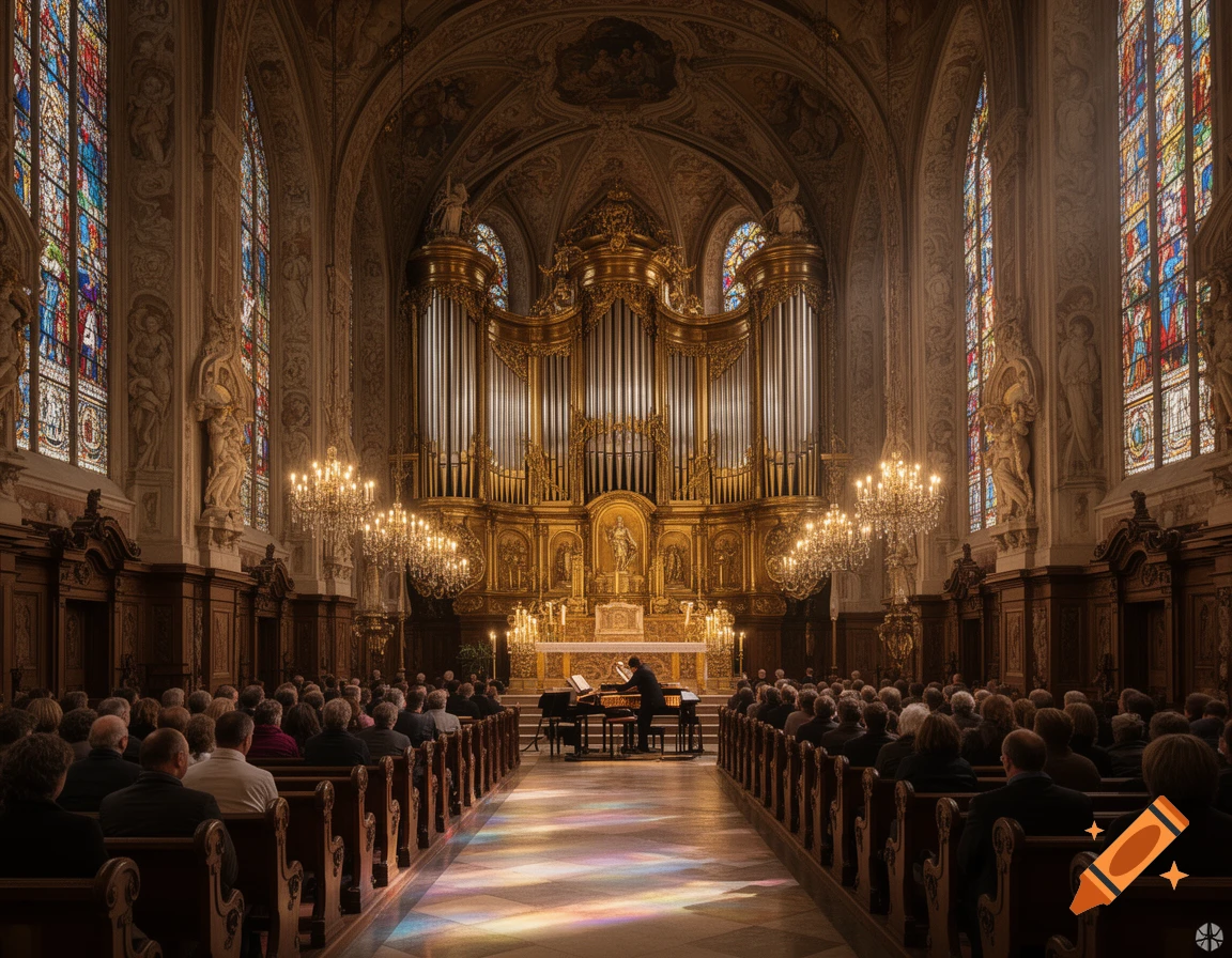 A grand church interior with an ornate golden pipe organ and stained glass windows, a pianist plays before an audience, with colorful light patterns on the floor.