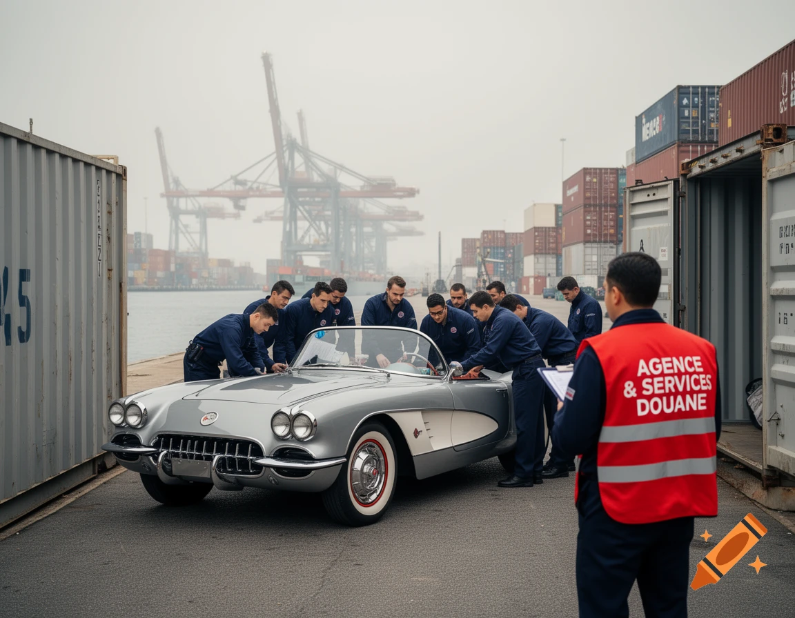 Men in uniform inspect a silver Chevrolet Corvette 1957 by shipping containers at a foggy port, with a customs officer in a red vest.