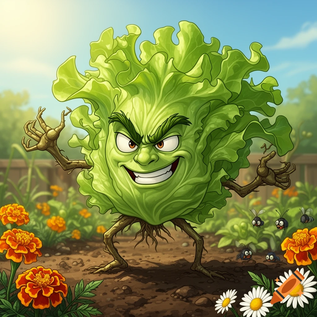 A cartoonish, evil-looking head of lettuce with root-like arms and legs stands in a sunny garden with flowers and bugs.