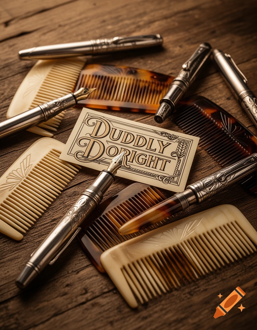 Photorealistic still life featuring ornate fountain pens, tortoiseshell and ivory-colored combs, and a card reading "DUDDLY DORIGHT" on a rustic wooden surface.