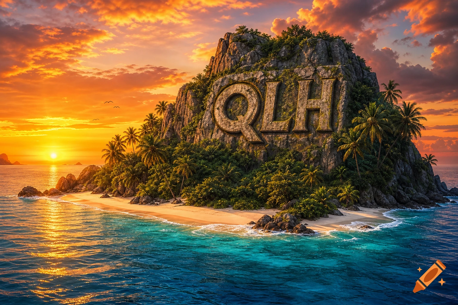 A tropical island with a sandy beach, palm trees, and the letters 'QLH' carved into a rocky mountain, set against a vibrant sunset sky over the ocean.