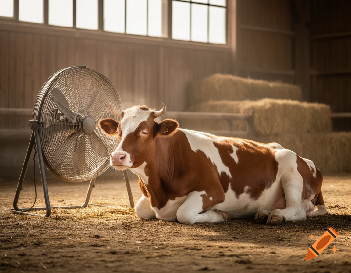 A brown and white cow rests in a barn, being cooled by a large floor fan, bathed in warm sunlight, photorealistic.