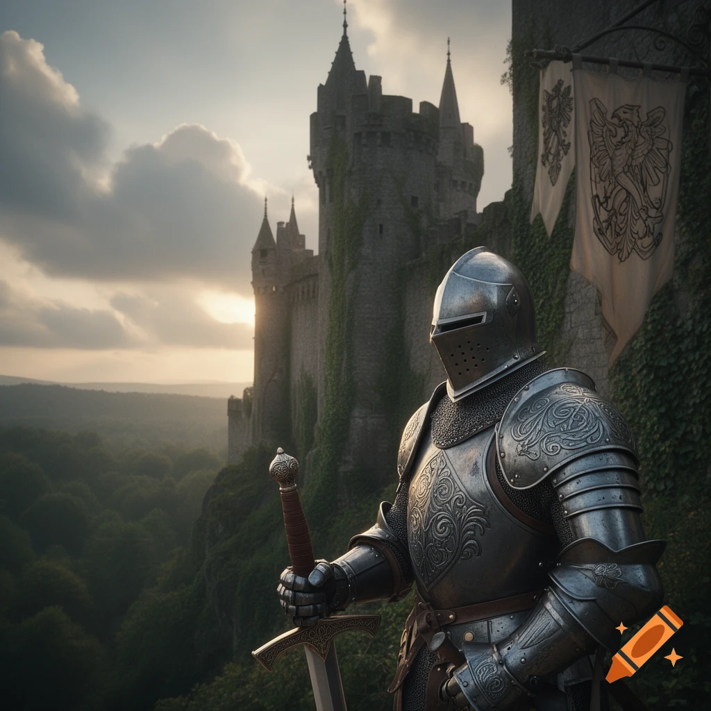 A knight in full plate armor holds a sword, standing before an ivy-covered medieval castle at sunset, overlooking a vast forest.