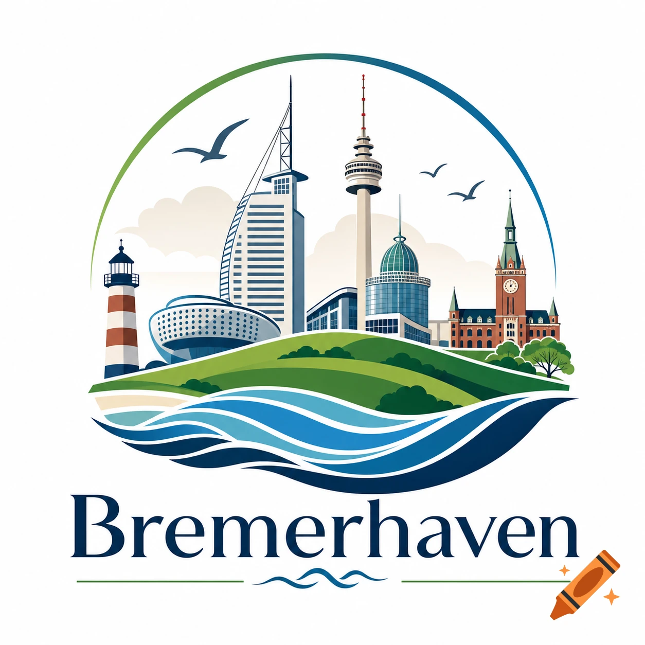 A stylized logo featuring a cityscape with a lighthouse, modern buildings, and a historical clock tower on green hills above blue waves, with 'Bremerhaven' text.