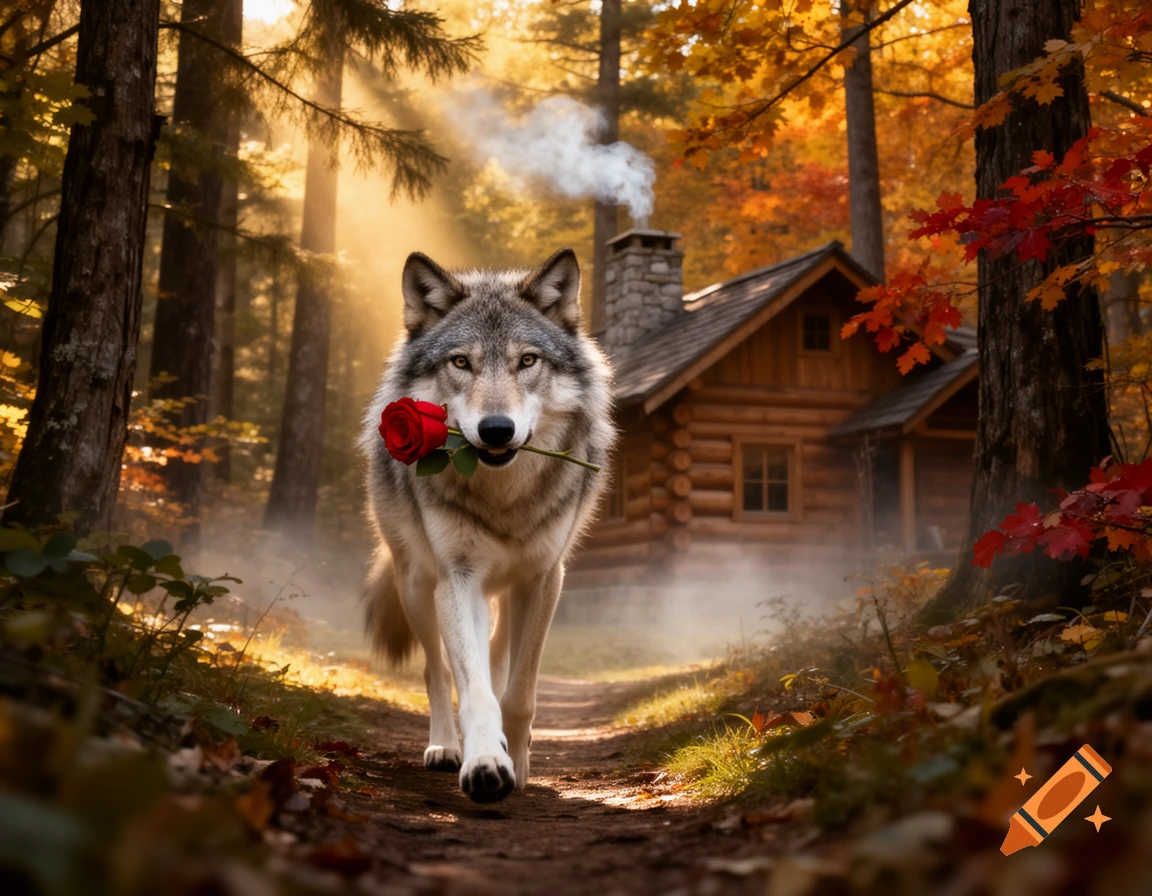 A photorealistic wolf walks on a forest path with a red rose in its mouth towards a rustic cabin in an autumn forest.