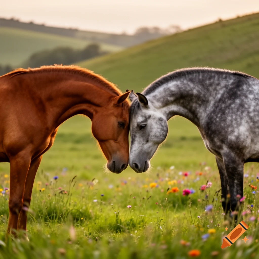 Two horses, one brown and one dappled grey, stand face to face in a field of wildflowers at sunset.