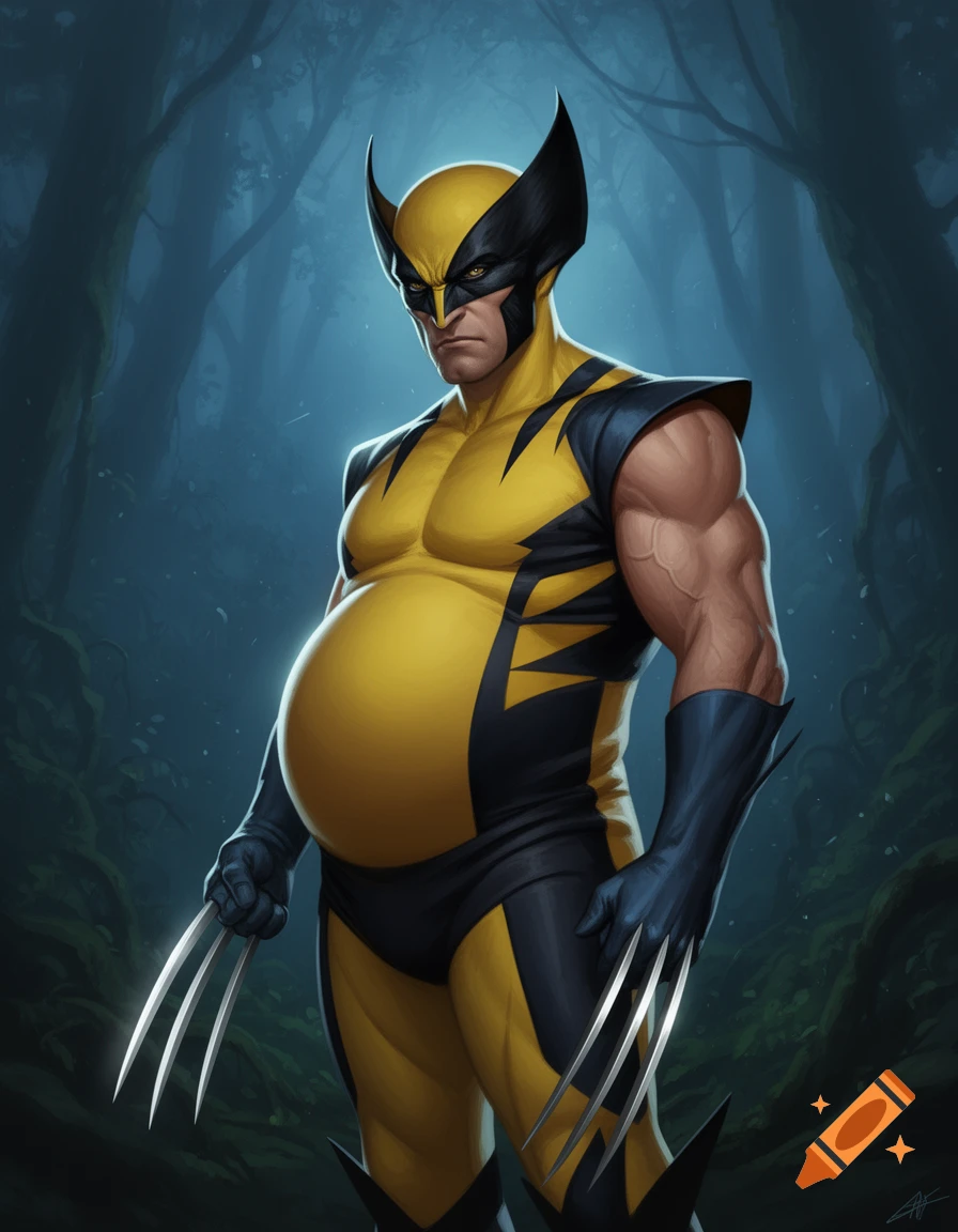 Wolverine, in a yellow and black suit, stands in a dark forest, heavily pregnant, with claws extended.
