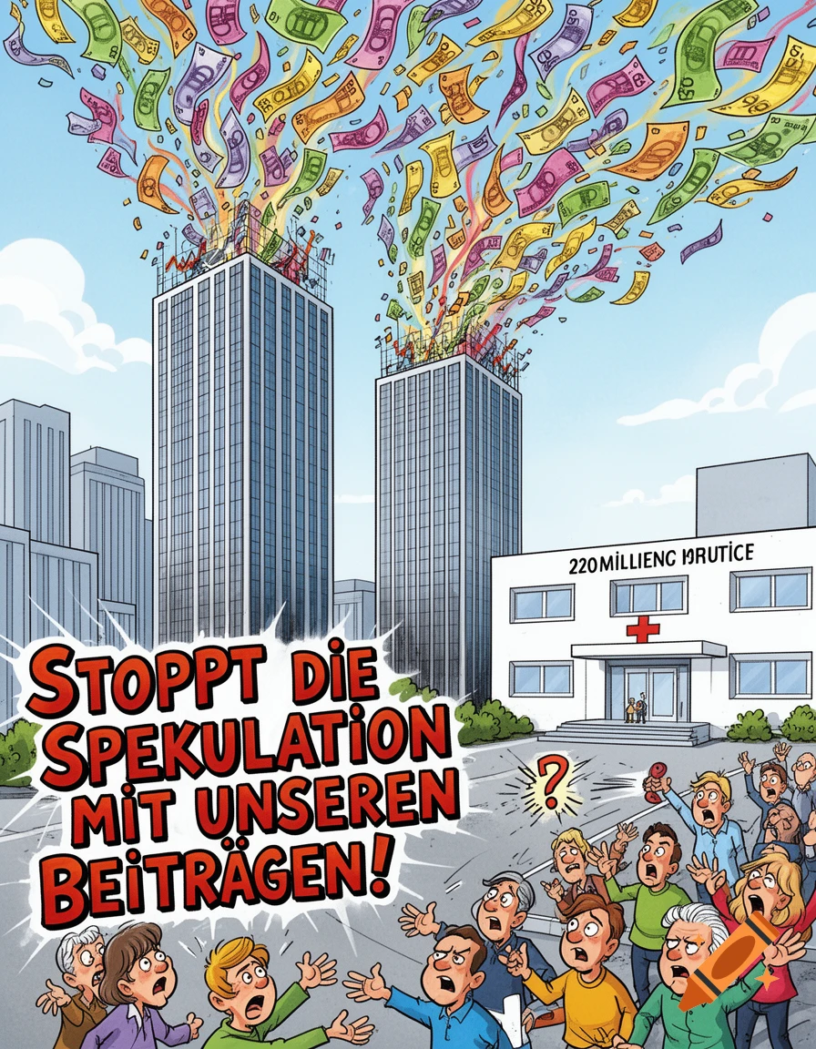 A cartoon showing people protesting in front of a hospital and two tall buildings spewing money, with text 'STOPPT DIE SPEKULATION MIT UNSEREN BEITRÄGEN!'