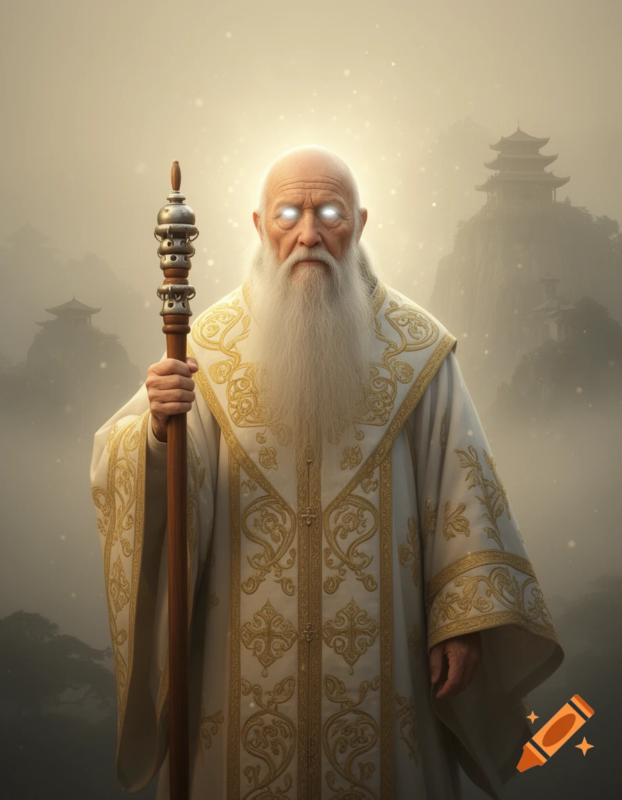 An ancient bald monk with a long white beard and glowing white eyes, in an ornate gold and white robe, holds a staff, set in a misty mountain temple landscape.