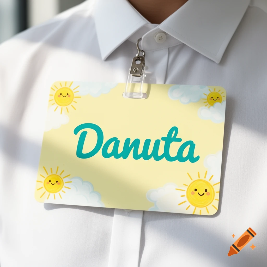 A yellow nametag with 'Danuta' in teal script and cartoon suns clipped to a white shirt.