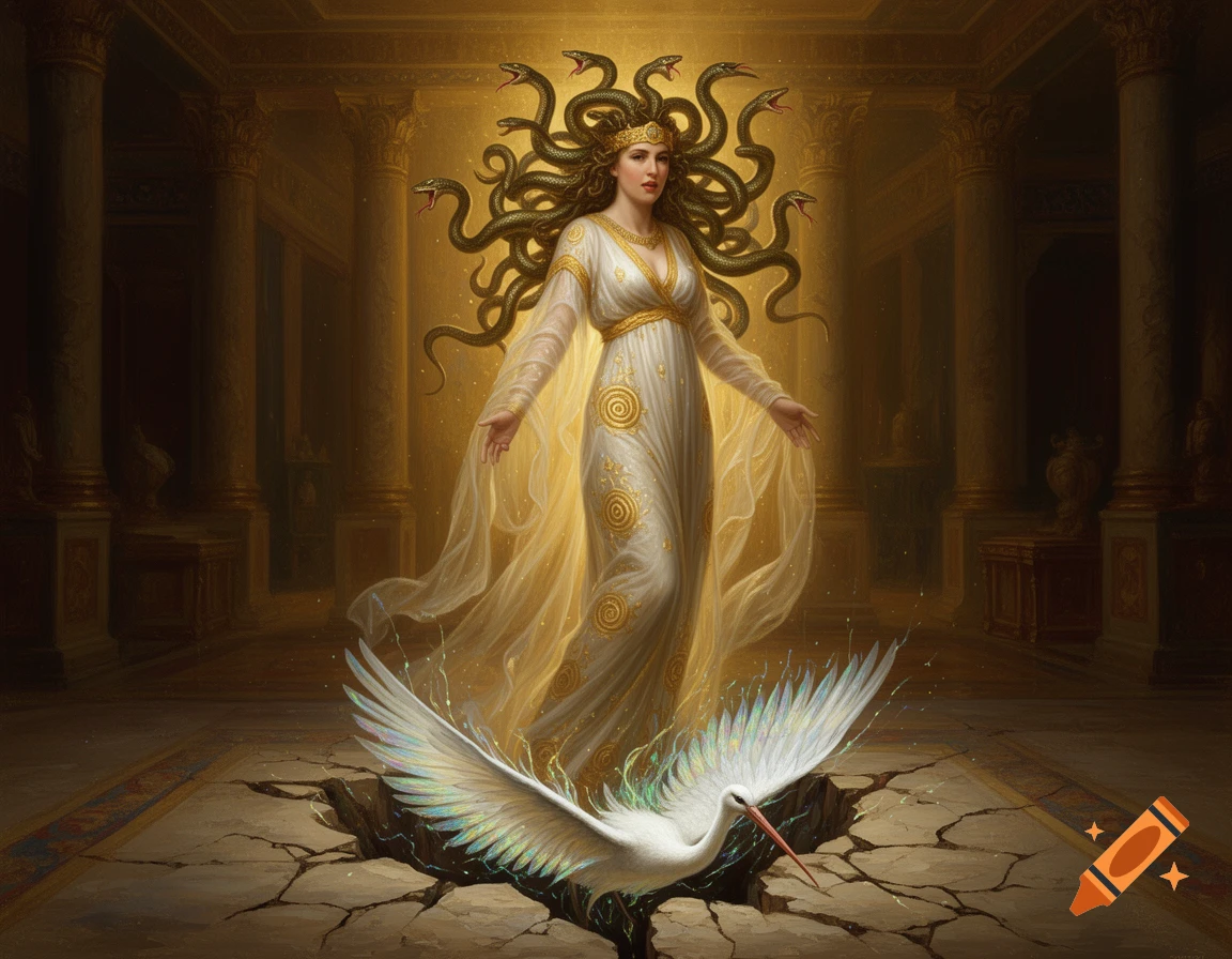 A mythological woman with snakes for hair in a flowing white gown stands in a golden hall, as a white stork emerges from cracked ground.