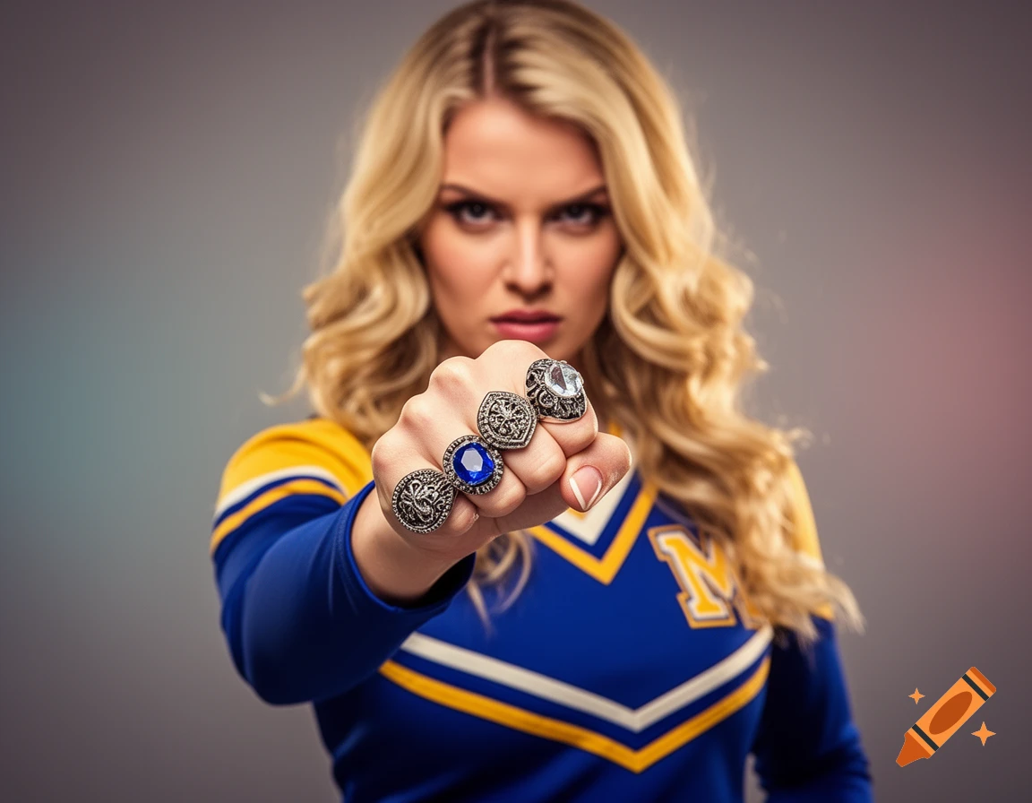 A blonde cheerleader in a blue and yellow uniform with an 'M' logo, clenches her fist adorned with large rings, looking intently at the viewer.