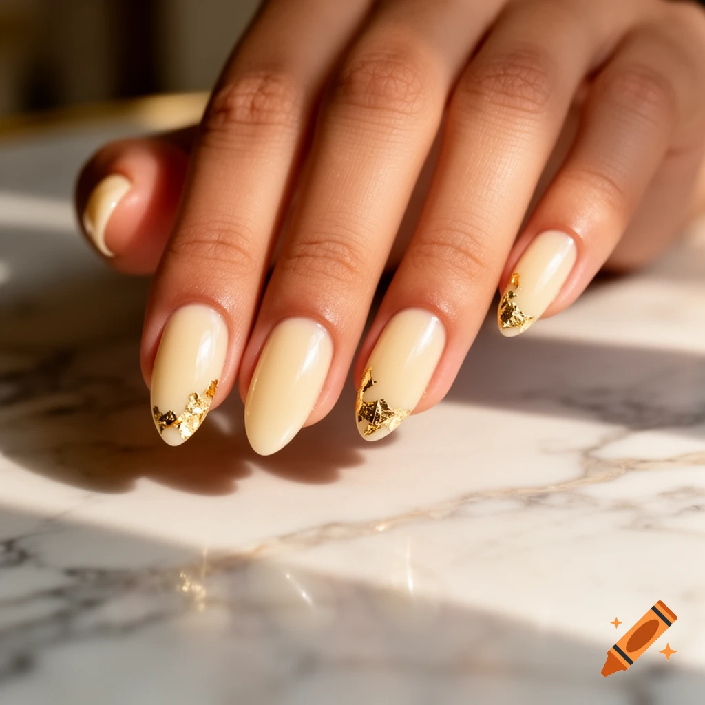 Close-up of a hand with oval-shaped vanilla-colored nails adorned with gold foil flakes, resting on a marble surface.