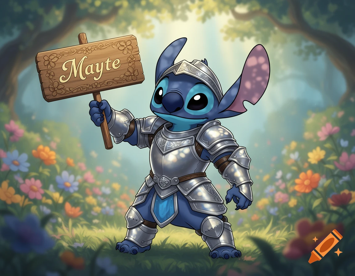 Stitch dressed as a knight in shining armor, holding a wooden sign that reads "Mayte" in a whimsical flower-filled forest.