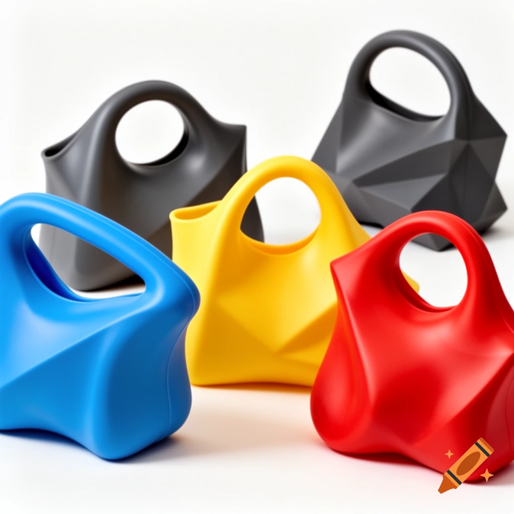 Five vibrantly colored, oddly shaped silicone handbags in blue, yellow, red, and two shades of grey, arranged on a white background.