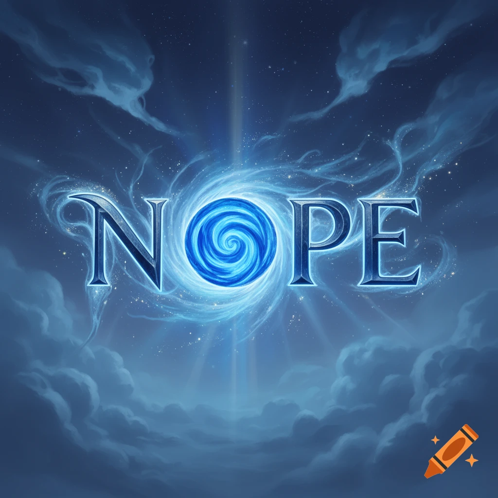 Stylized blue text 'NOPE' with a glowing magical swirling blue orb replacing the 'O', set against a starry, cloudy, night sky.