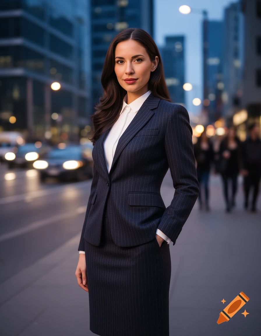 A photorealistic woman in a pinstripe skirt suit stands on a city street at dusk.