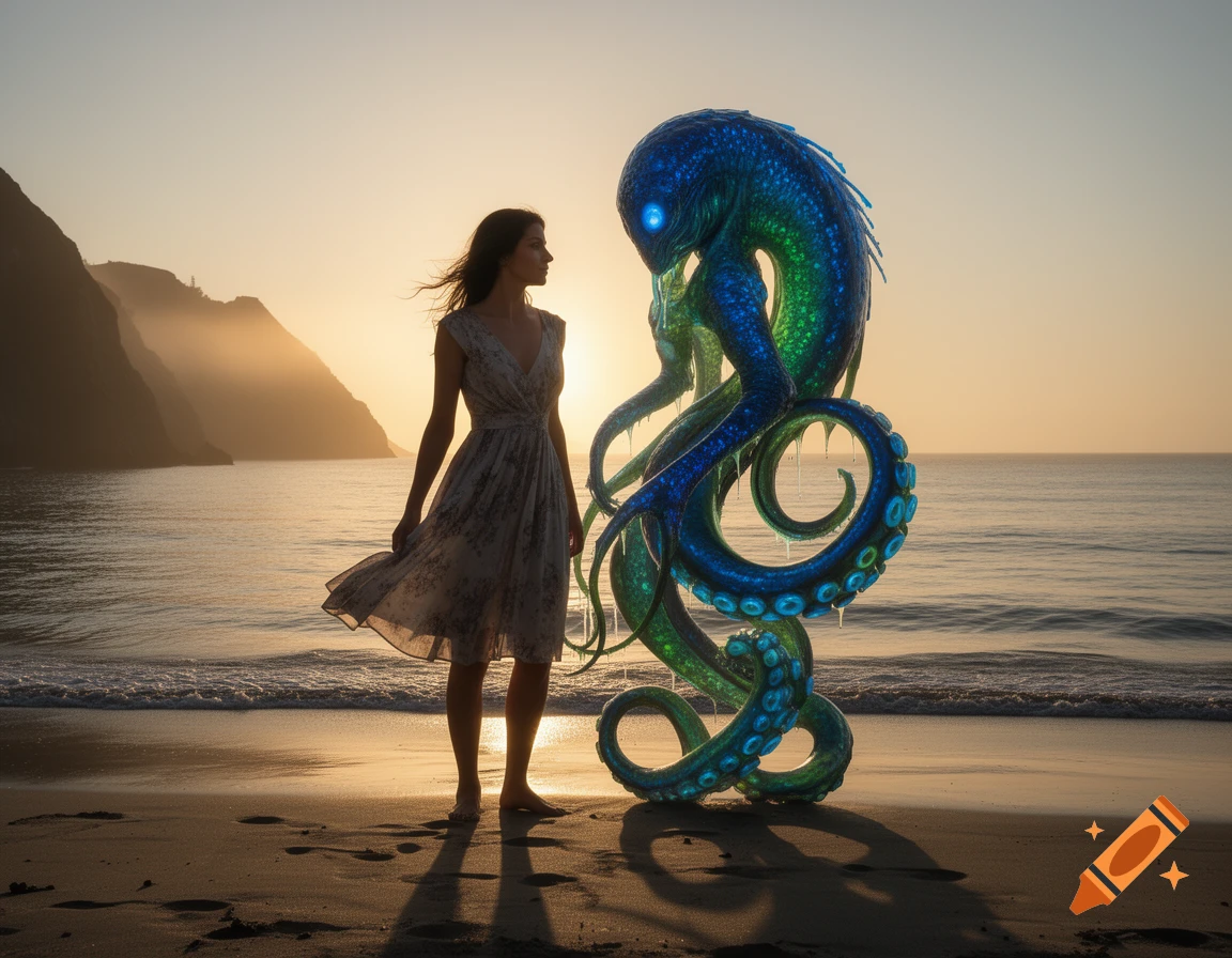 A woman in a dress stands on a beach facing a glowing blue and green tentacle monster at sunset with mountains in the background.