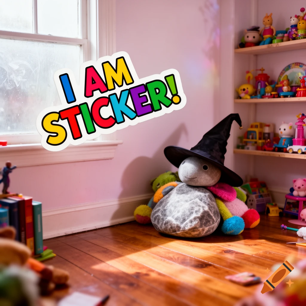 A child's room with a colorful 'I AM STICKER!' sticker, a plushie wearing a witch hat, and shelves filled with toys.