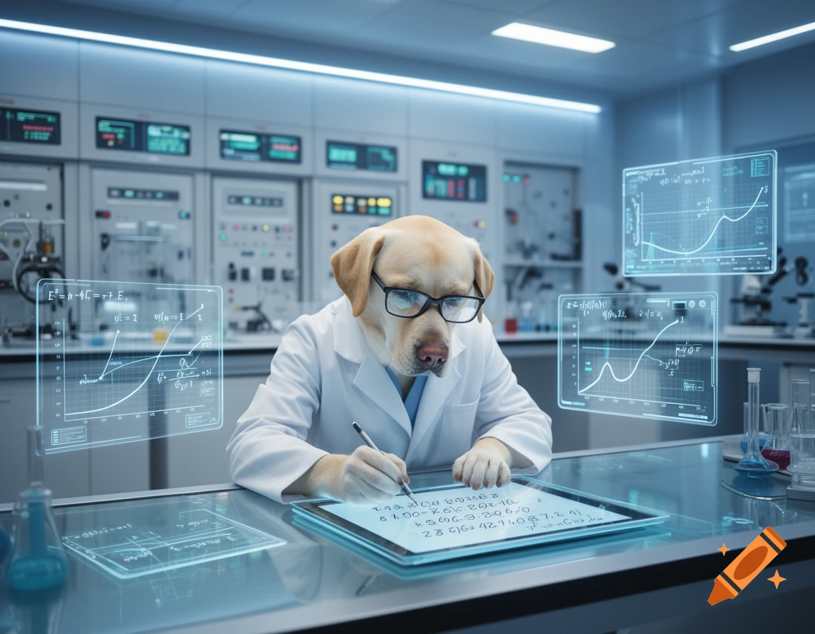 A serious-looking golden retriever in a lab coat and glasses works on a glowing tablet with holographic screens displaying data in a high-tech lab.