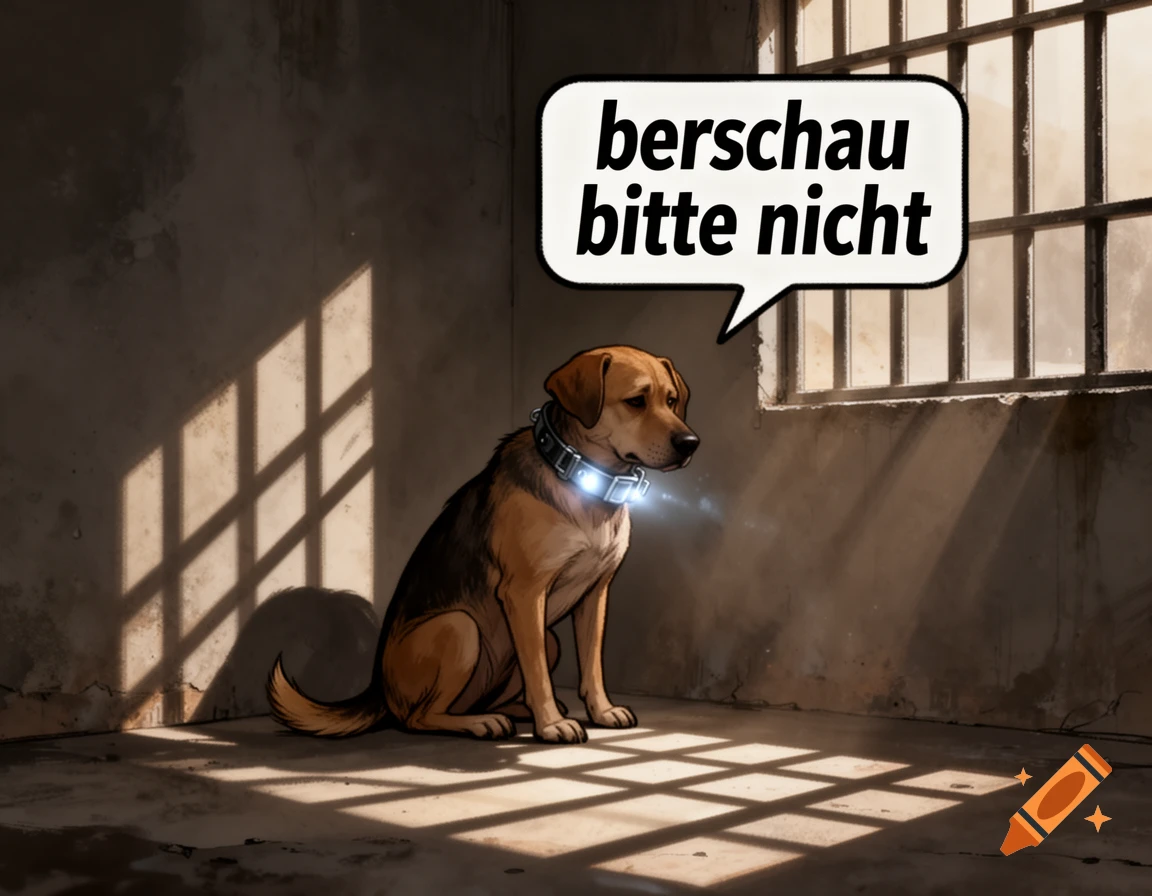 A sad-looking brown dog with a glowing shock collar sits in a stark, dimly lit prison cell with barred windows, a speech bubble above its head reads, "berschau bitte nicht" (don't look out please).