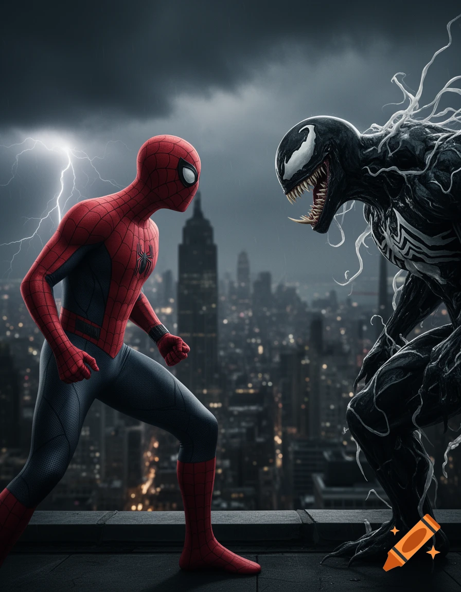 Photorealistic image of Spider-Man and Venom facing off on a city rooftop under a stormy, lightning-filled sky.