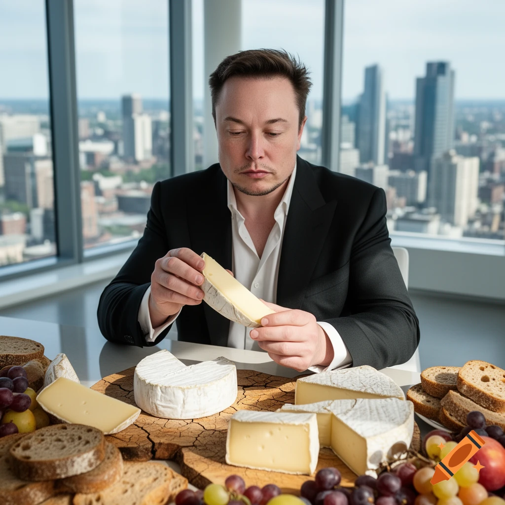 Photorealistic image of Elon Musk in a suit, looking intently at a wedge of cheese on a table with a full cheese board, bread, and grapes, with a cityscape visible through large windows in the background.