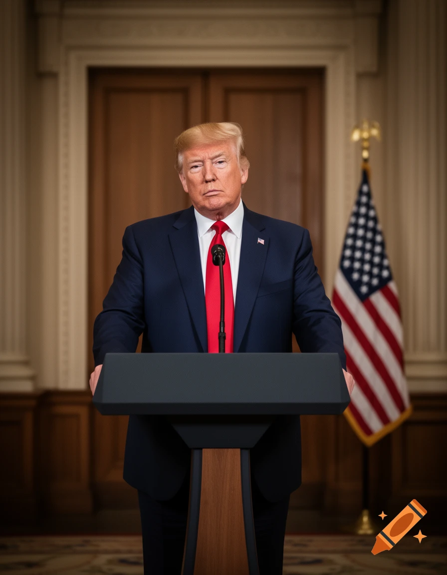 Photorealistic portrait of Donald Trump in a suit and red tie, standing at a podium with an American flag.
