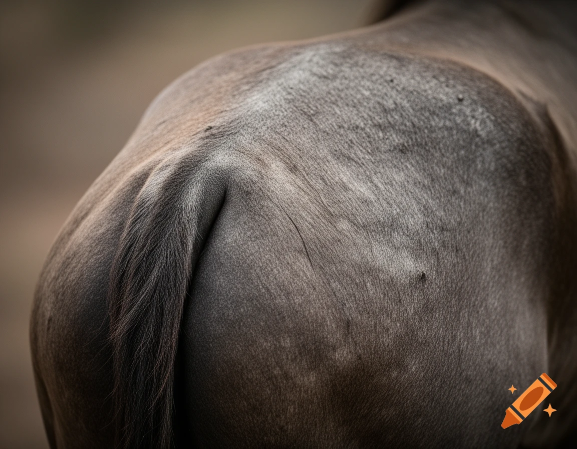 Close-up of a greyish-brown horse's hindquarters and tail with textured fur.