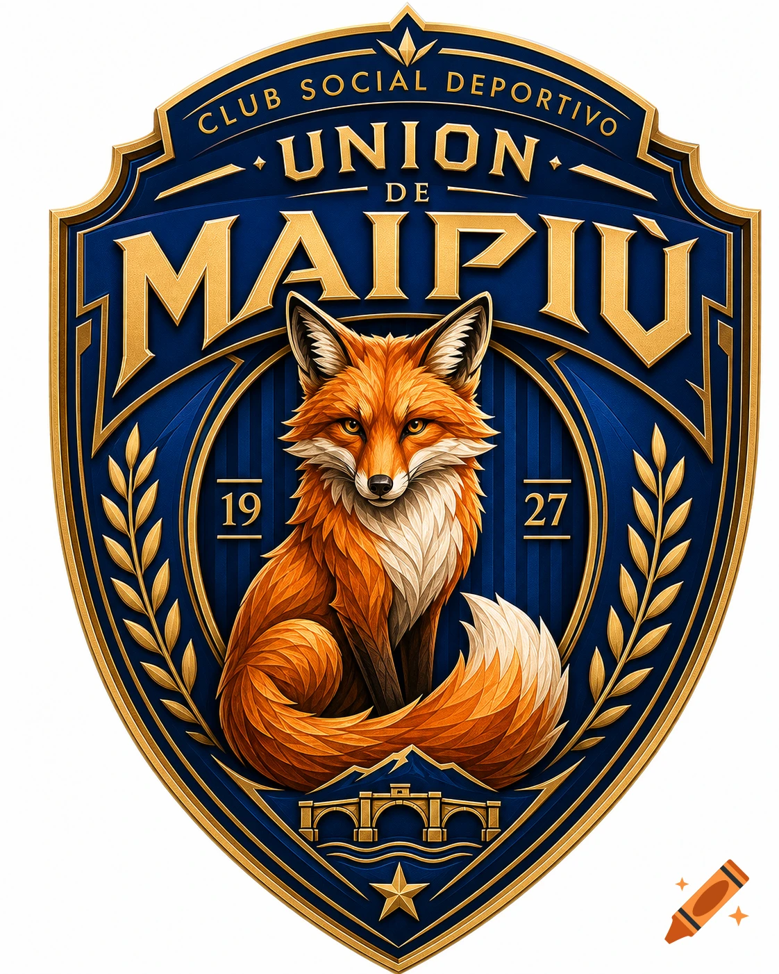 A stylized blue and gold club logo featuring a red fox, mountains, and a bridge, with the text 'CLUB SOCIAL DEPORTIVO UNION DE MAIPIÙ 1927'.