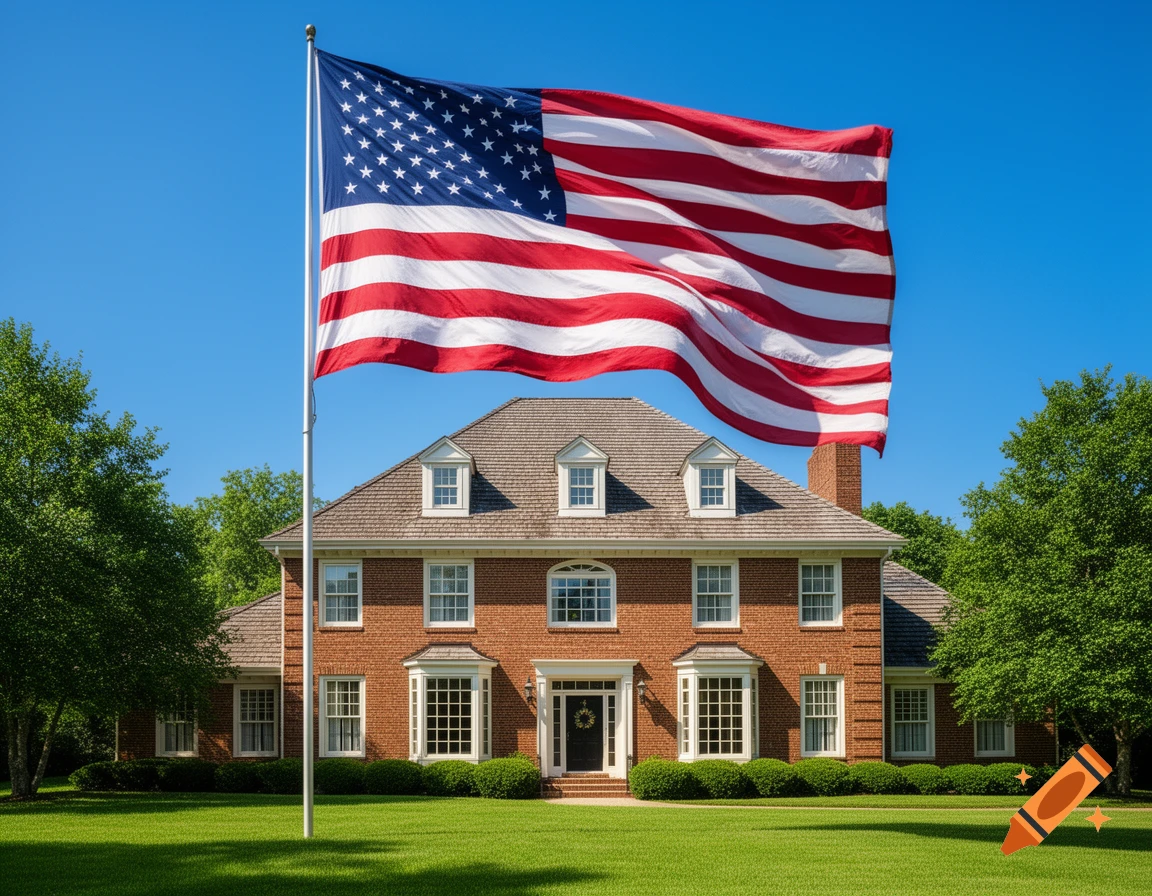 A large American flag waves proudly on a flagpole in front of a beautiful two-story brick house with a green lawn under a clear blue sky.
