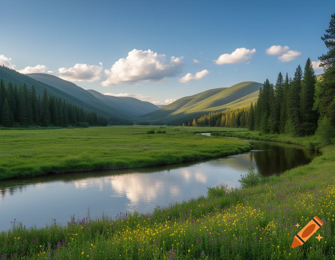 A serene valley with a winding river, lush green meadows, distant mountains, and a clear blue sky with white clouds.