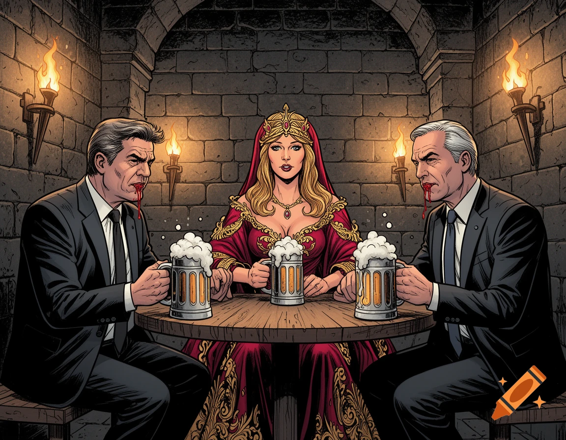 Comic book style image of a woman in an ornate red dress flanked by two men in suits, all drinking beer in a dungeon.