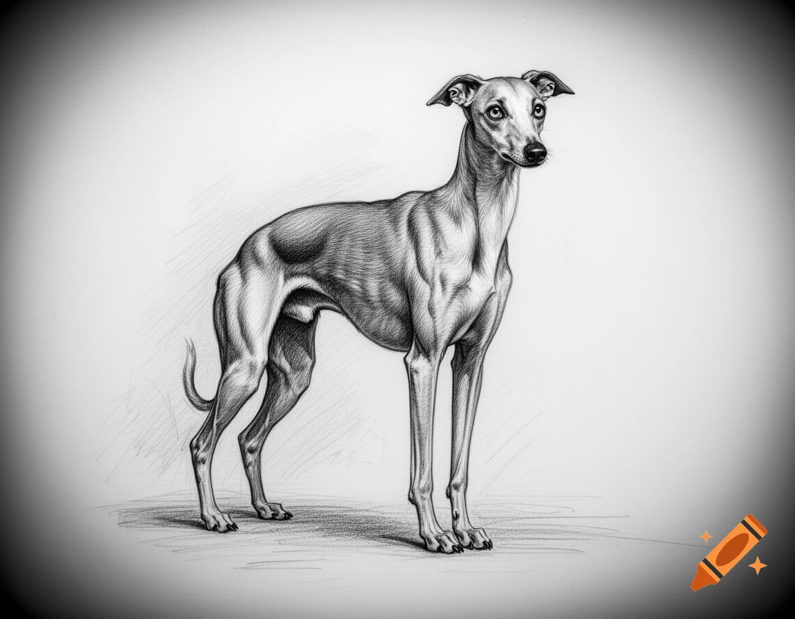 A black and white sketch of a whippet dog standing with its tail slightly tucked.