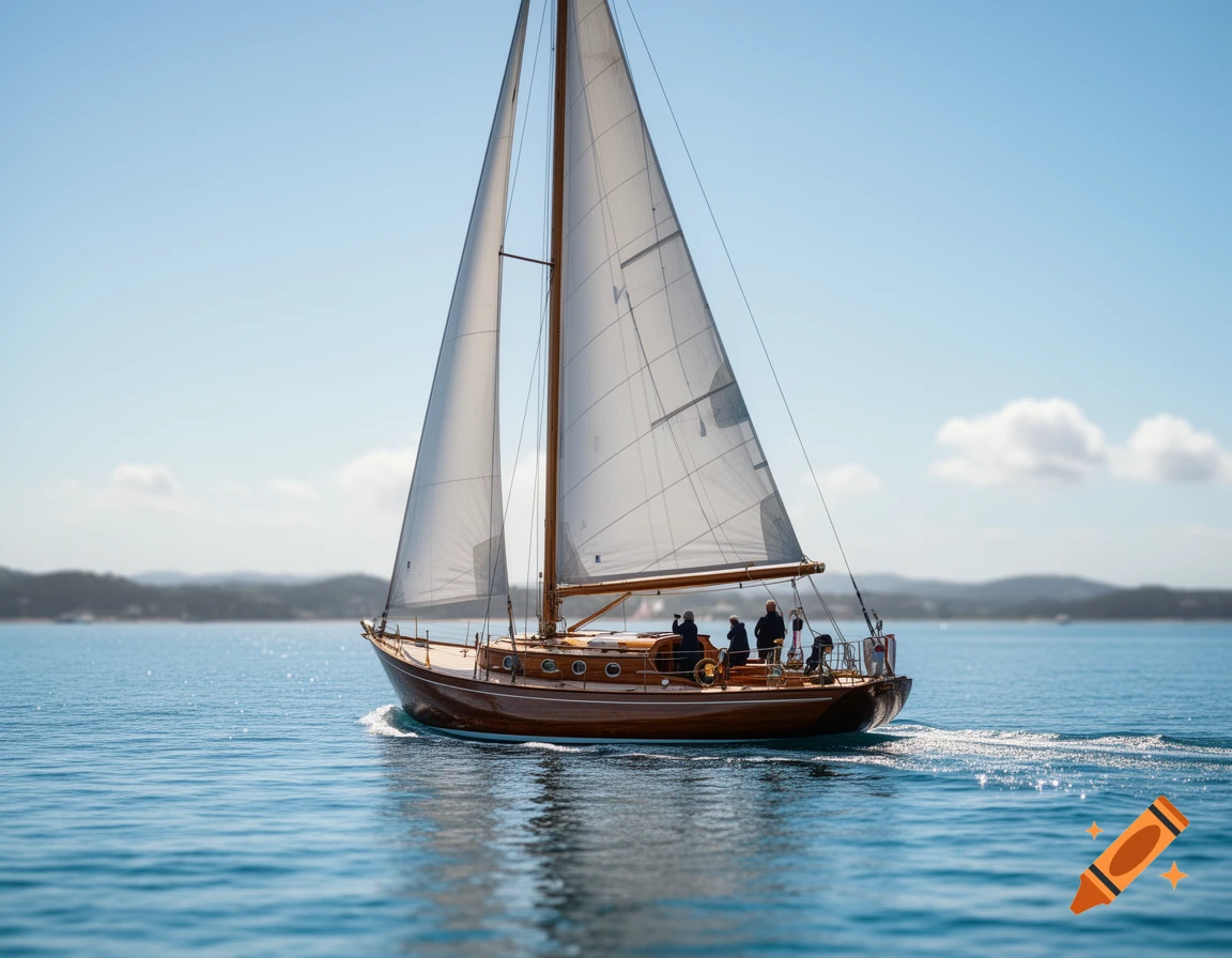 A classic wooden sailboat with white sails navigates calm blue waters on a sunny day.