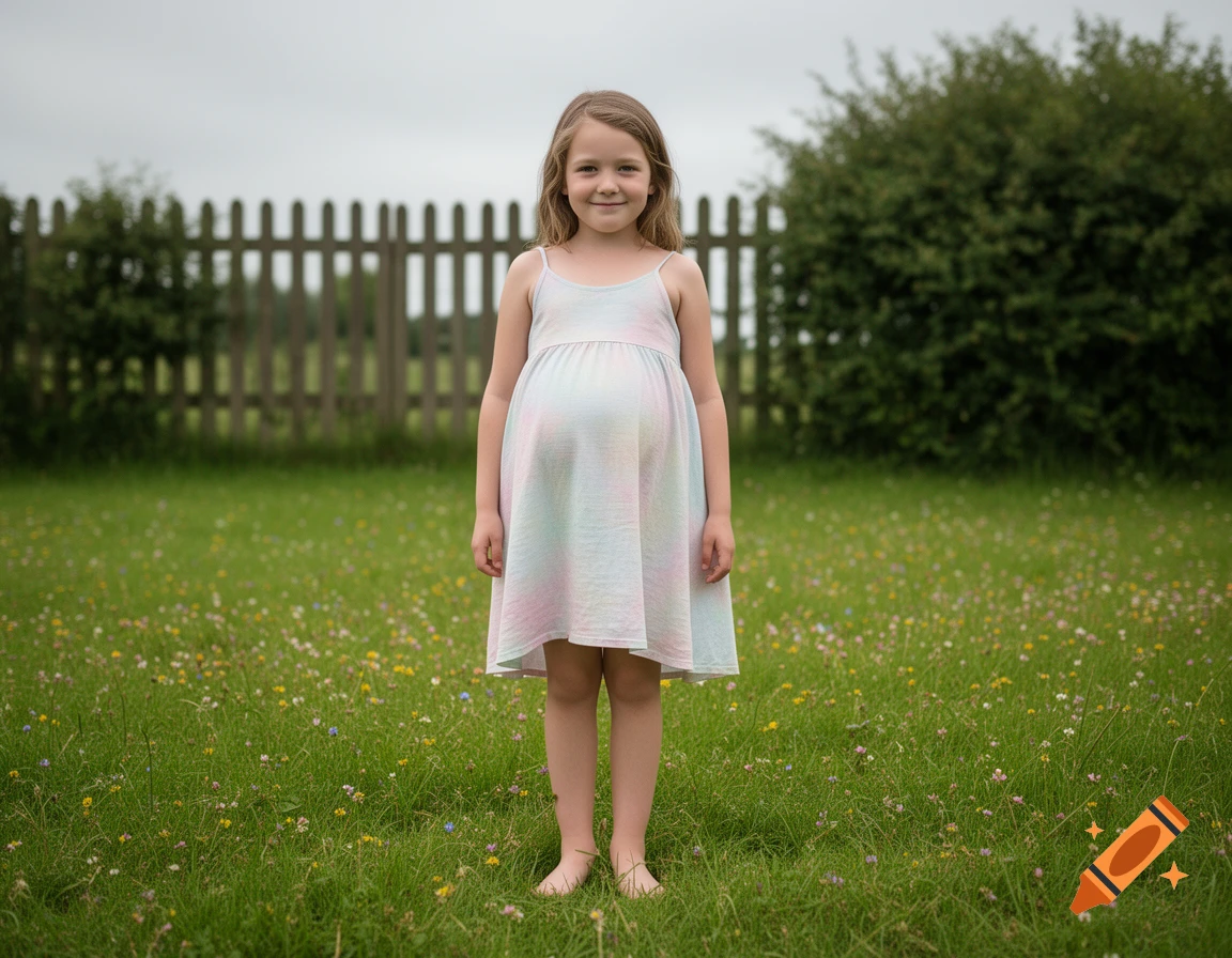 A young girl with a smile stands barefoot in a grassy field with small colorful flowers. A wooden fence and green bushes are in the background.