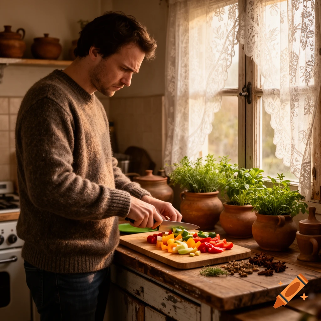A man in a brown sweater chops colorful vegetables on a wooden board in a cozy, rustic kitchen.