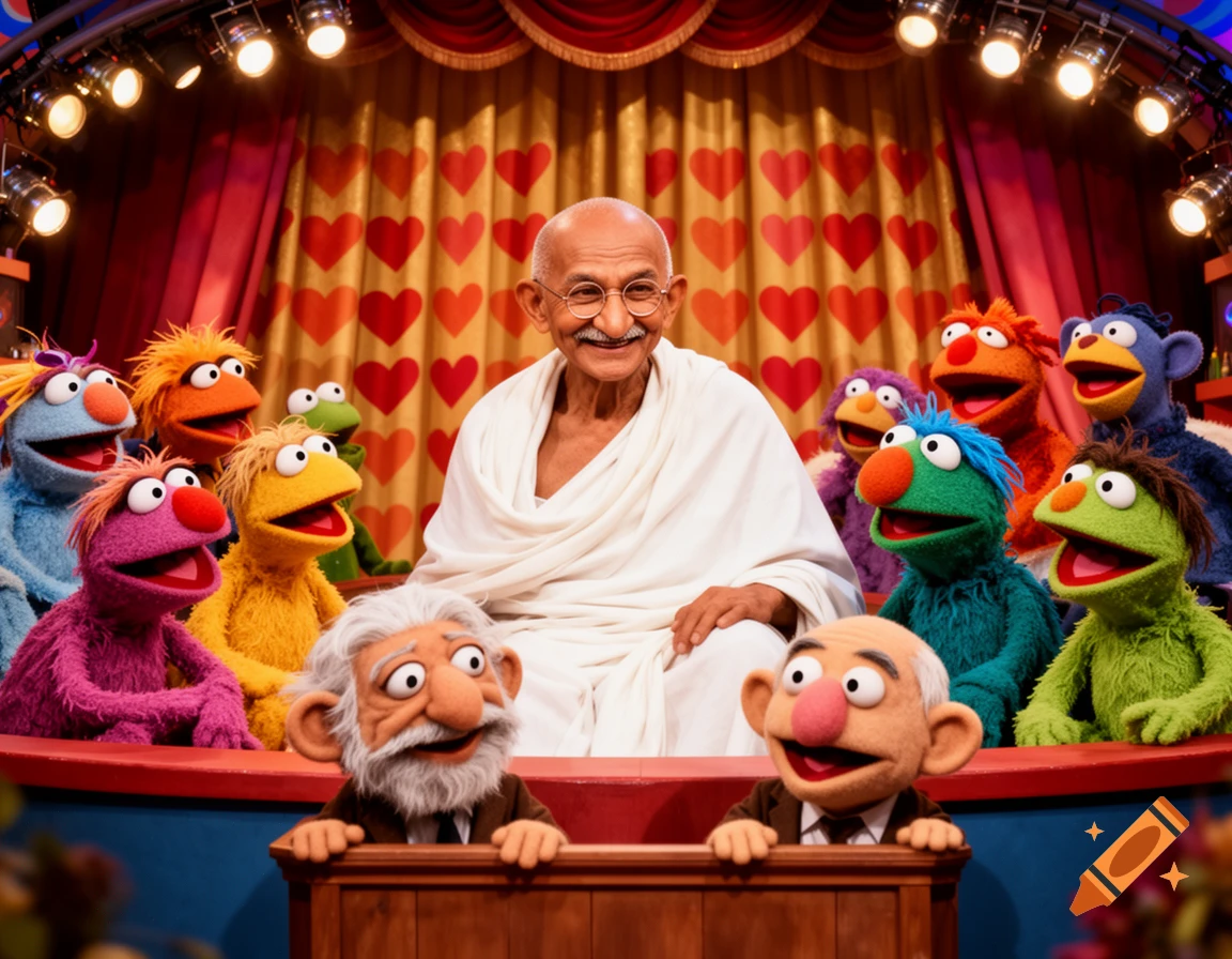 Mahatma Gandhi smiles, seated among numerous colorful Muppet characters on a brightly lit stage with a heart-patterned curtain.