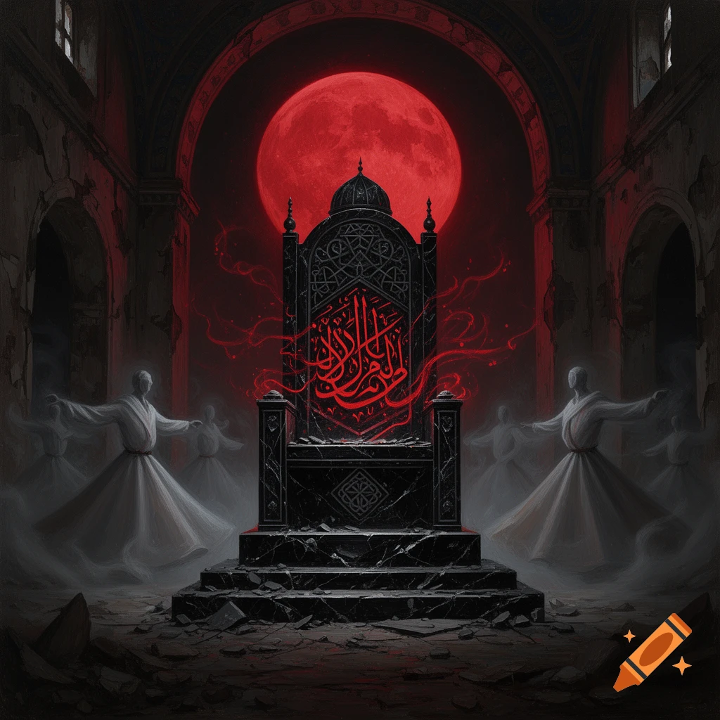 Dark fantasy oil painting of an ornate black marble throne with glowing red calligraphy in a ruined mosque under a crimson moon, surrounded by spectral whirling dervishes.